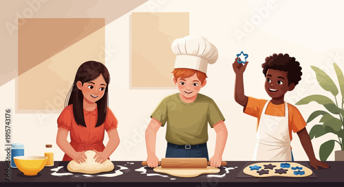 People preparing sweet treats together in a kitchen with baking utensils and ingredients around them from a front view