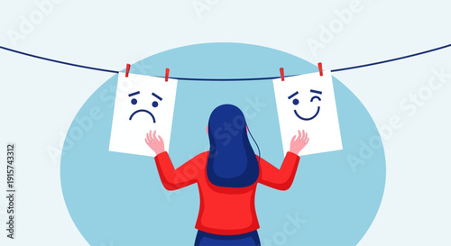 A woman choosing between a sad and a happy face on a clothesline, illustrating emotional decision-making and mood selection in a simple, graphic representation viewed from behind.