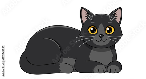 A cartoon black cat with yellow eyes resting on a white surface viewed from a slightly elevated perspective
