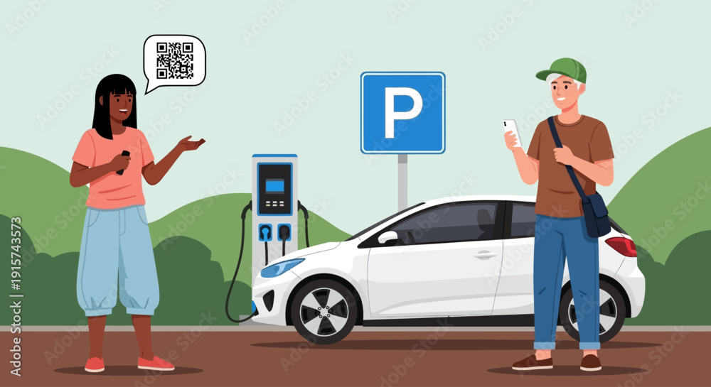 Naklejka premium People charging electric car at public charging station with QR code and parking sign nearby