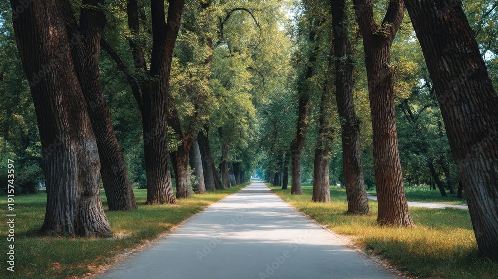 Obraz premium Serene Tree-Lined Pathway in a Lush Green Park with Soft Sunlight Filtering Through the Foliage, Inviting Nature Walks and Relaxation Moments