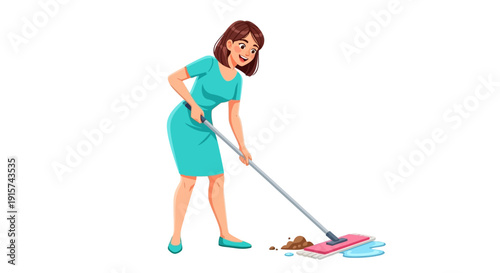 Woman cleaning the floor with a mop and cleaning supplies nearby in a tidy environment