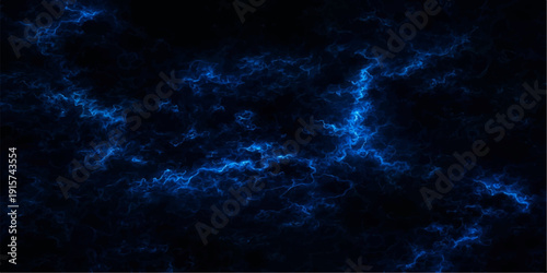 Abstract dark blue sky background featuring stormy clouds and ethereal smoke textures with a hint of lightning and celestial light