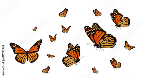 Monarch butterflies flying in a swarm, a digital illustration of vibrant orange insects in flight