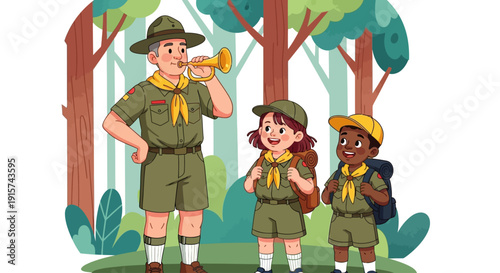 Scouting group of three people standing together in a forest, illustration from a frontal viewpoint