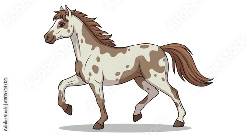 A brown and white horse running with flowing mane and tail in a dynamic pose, captured from a side view