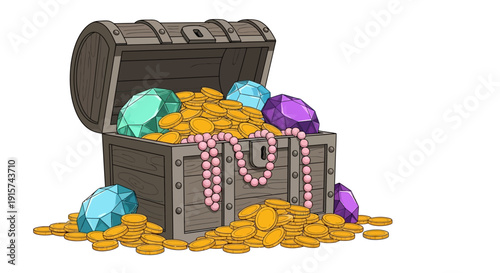 Treasure chest overflowing with golden coins, jewels, and precious ornaments in a cartoon illustration