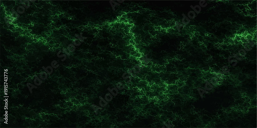 Green abstract background with glowing blue particles and electric lightning patterns creating a digital motion design of energy and light