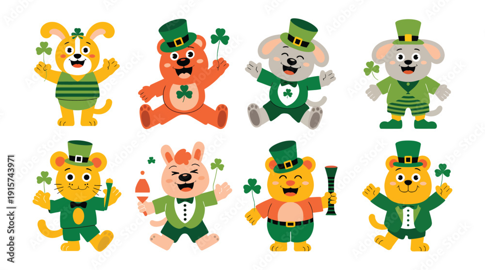 Obraz premium Collection of cute cartoon animal characters happily celebrating st patricks day wearing green festive clothing and holding shamrocks.