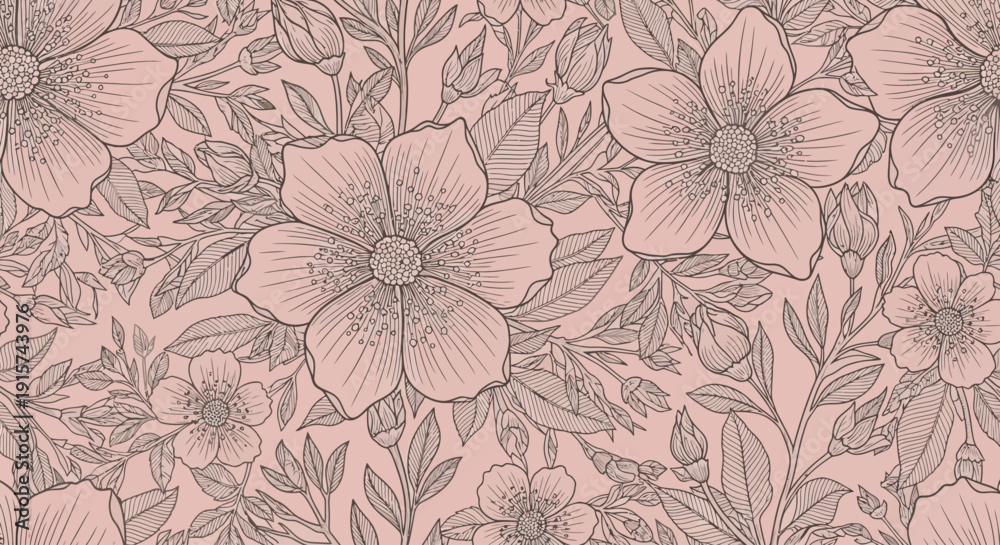 Fototapeta premium A serene illustration of flowers and leaves in a seamless pattern from a close-up viewpoint