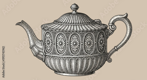An ornate teapot with floral designs and curved handle, illustrated in detailed line art on a neutral background