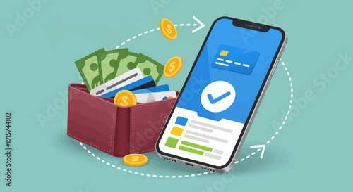 Mobile banking app illustration showing wallet and currency transfer on smartphone screen with verification checkmark