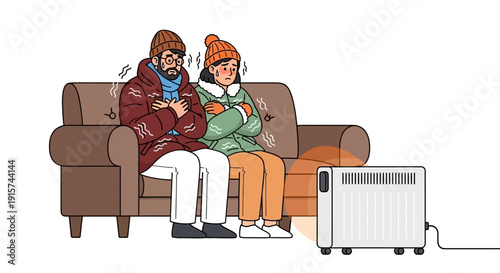 Couple sitting together on a couch with a heater in a cozy living room scene from a frontal viewpoint