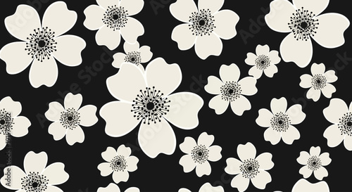 A high-angle view of a collection of various white flowers with detailed centers on a black background