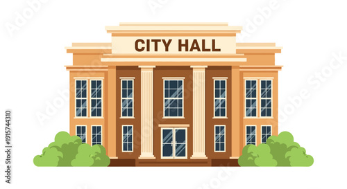 City Hall building illustration featuring columns and trees in a government setting