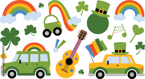 Collection of colorful Saint Patrick's day themed clip art featuring rainbows shamrocks cars and musical elements.