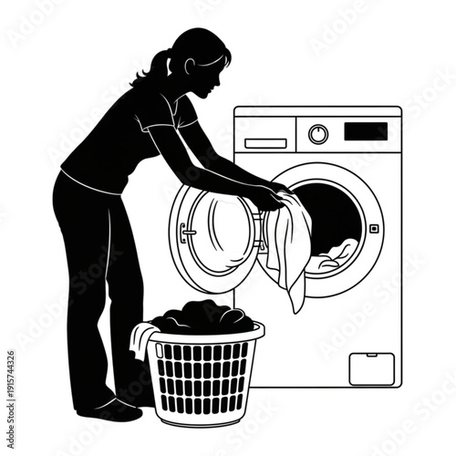 Woman putting clothes in washing machine isolated on transparent background.
