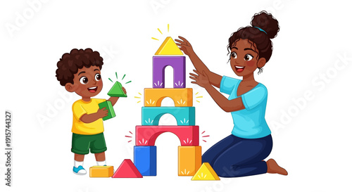 Mother and child building a colorful block tower together on the floor in a playful setting