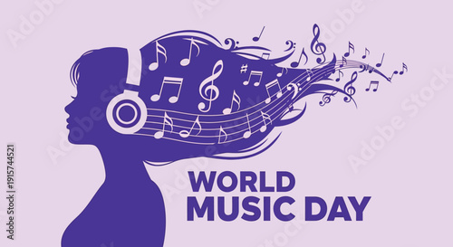 Vibrant World Music Day celebration with musical notes flowing from headphones