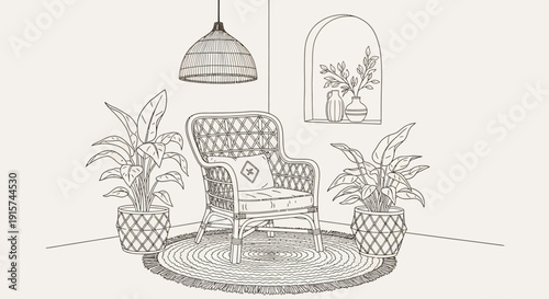 Serene illustration of a wicker armchair surrounded by potted plants under a pendant light in a minimalist interior