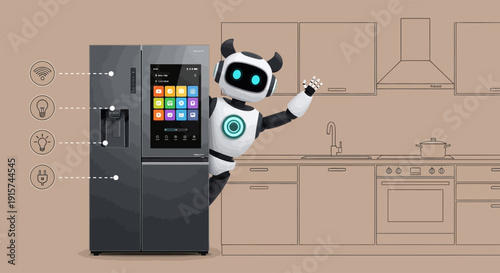A robot emerging from a modern smart refrigerator in a kitchen setting viewed from the side