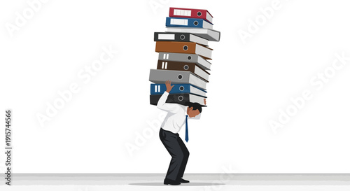 Man carrying a large stack of files and folders on his back, struggling to walk, office supplies overload, 3D illustration, side view