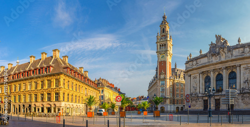 Panorama of Lille city historical centre Place du Theatre square with Vieille Bourse Old Stock Exchange, Chamber of Commerce Nouvelle Bourse, Opera de Lille theatre buildings, Northern France