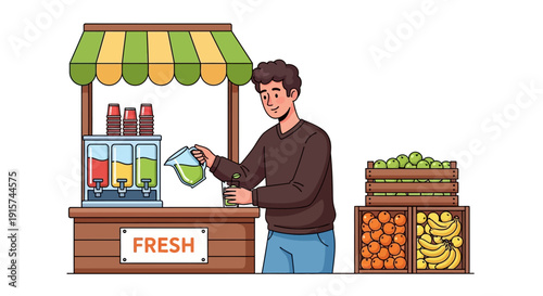 Man selling fresh juice from a colorful street cart outdoors on a sunny day