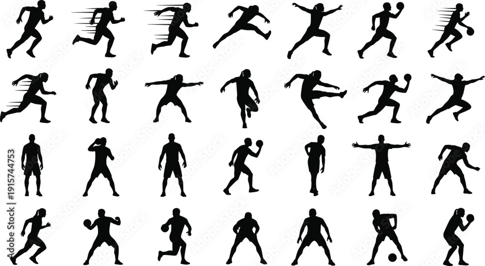 Fototapeta premium Basketball player silhouette collection, dribbling shooting running action poses, sport athlete training set, vector illustration isolated bundle