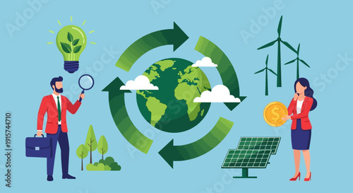 Sustainable development concept illustration featuring professionals analyzing renewable energy sources and eco-friendly practices around the globe from a modern perspective