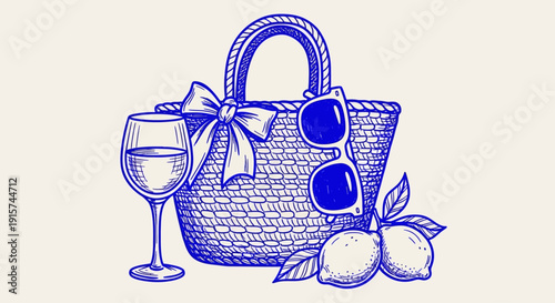 A woven basket adorned with sunglasses and a bow stands beside a glass of wine and lemons in a simple illustration.