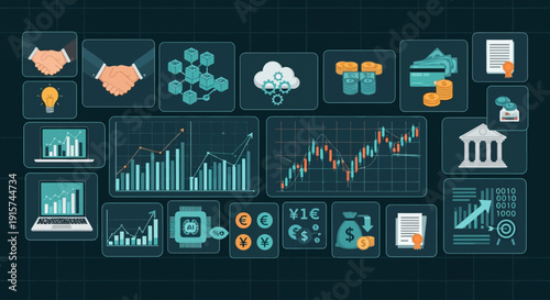 Collection of icons representing business and finance concepts displayed on a grid layout from a top-down viewpoint