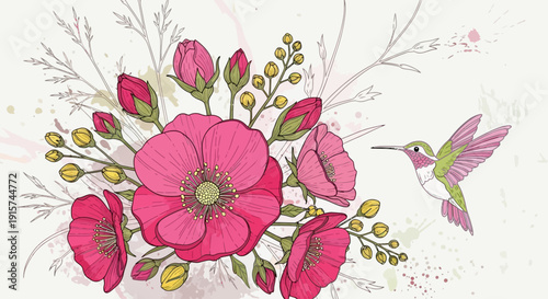 A hummingbird feeding on nectar from pink flowers in a lush floral arrangement with green leaves and buds.