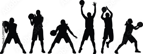 Basketball player silhouette set, dribbling shooting jumping poses, sport action vector illustration, isolated athlete clipart collection bundle graphic