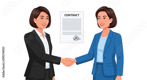 Two businesswomen shaking hands over a contract agreement in a professional setting illustration