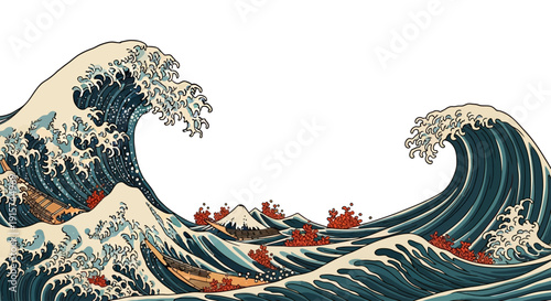 A serene ocean wave crashes against the shore with boats in the foreground, captured from a distant viewpoint, showcasing nature's fury and beauty in an illustration