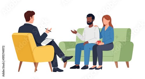 Therapist engaging with couple on sofa during counseling session indoors