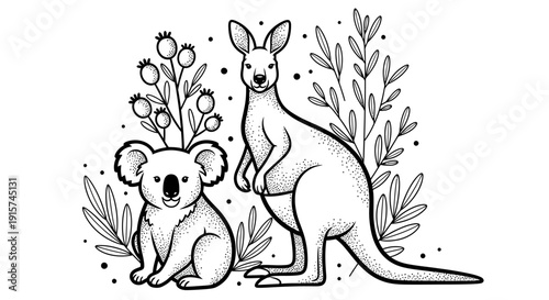 A koala and kangaroo standing together surrounded by flowers and leaves in a serene illustration from a front viewpoint