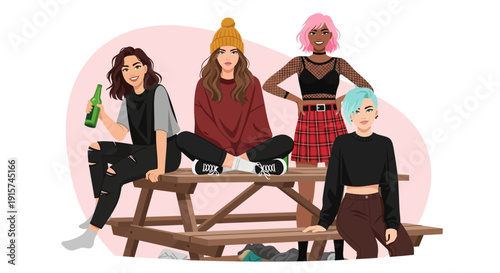 Four young women sitting on a wooden picnic table outdoors enjoying each other's company