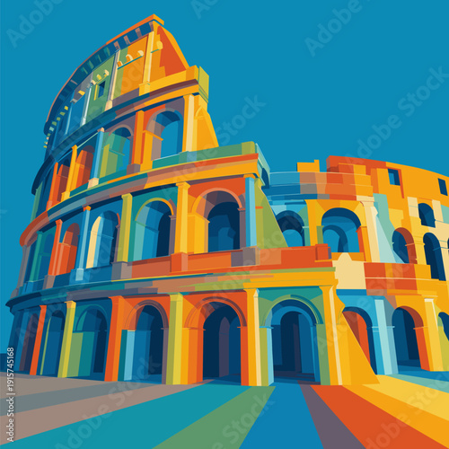 Ancient Rome Colosseum arches minimalist flat design. Colosseum arches depicting Roman architecture in a vibrant, modern flat graphic illustration style