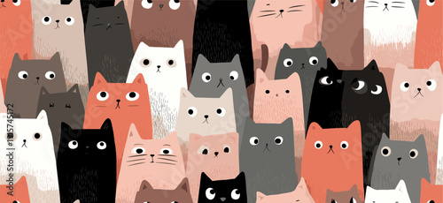Cute cat pattern creating seamless animal background texture. Many cute cats with different expressions forming a seamless animal pattern
