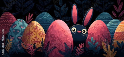 Bunny peeking from behind colorful Easter eggs greeting card. Bunny character hiding among patterned Easter eggs and dark foliage, celebrating the spring holiday