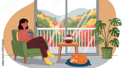 A woman relaxing on a green armchair with her cat on the balcony with a scenic mountain view