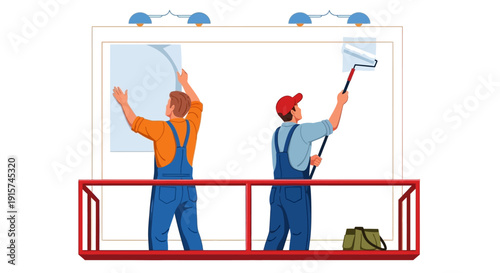 Two workers on scaffolding painting a large window from the outside with rollers and brushes