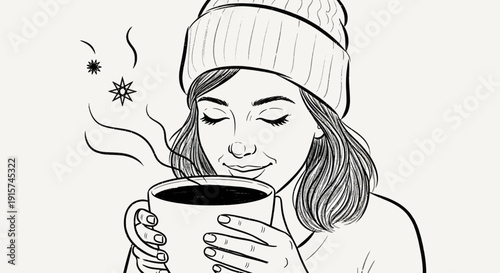 A woman enjoying a warm beverage while wearing a beanie, illustrated in a simple line art style