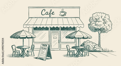 Illustration of a charming cafe with outdoor seating and umbrellas on a street with trees