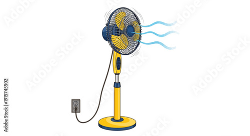 A yellow electric fan blowing air in a room from a frontal viewpoint
