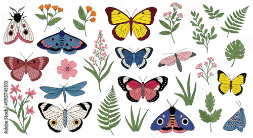 Vibrant butterflies and moths surrounded by lush greenery and colorful flowers in a lively illustration