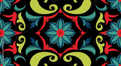 Vibrant floral pattern with swirling motifs and bold colors in a repeating design on a black background viewed from directly above