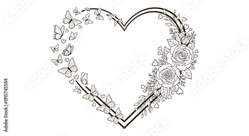 A delicate heart-shaped frame adorned with flowers and butterflies in a beautiful illustration
